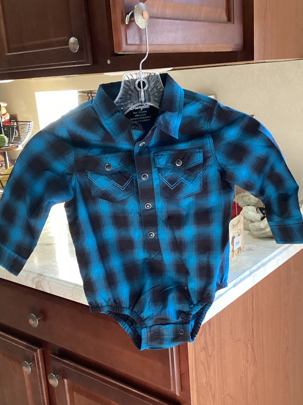 Wrangler Blue and Black Plaid Button-Front Baby One-Piece
